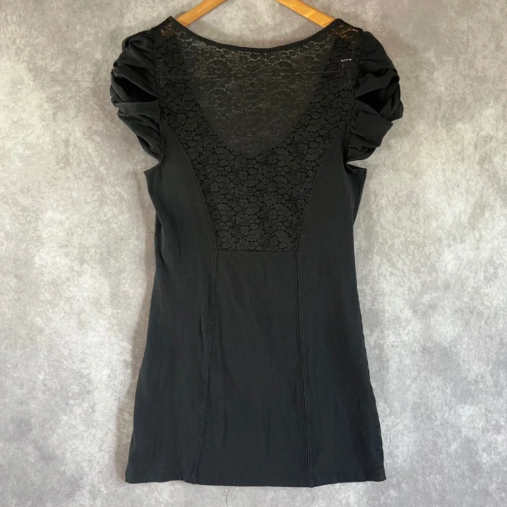 Free People Top Women Medium Black Lace Back Puff Sleeve Scoop Neck OB32054
